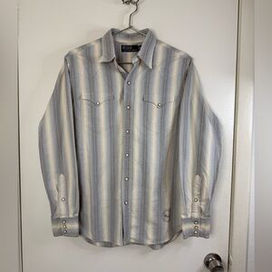 Polo Ralph Lauren blue & gray, striped vintage, long sleeve pearl snap shirt M